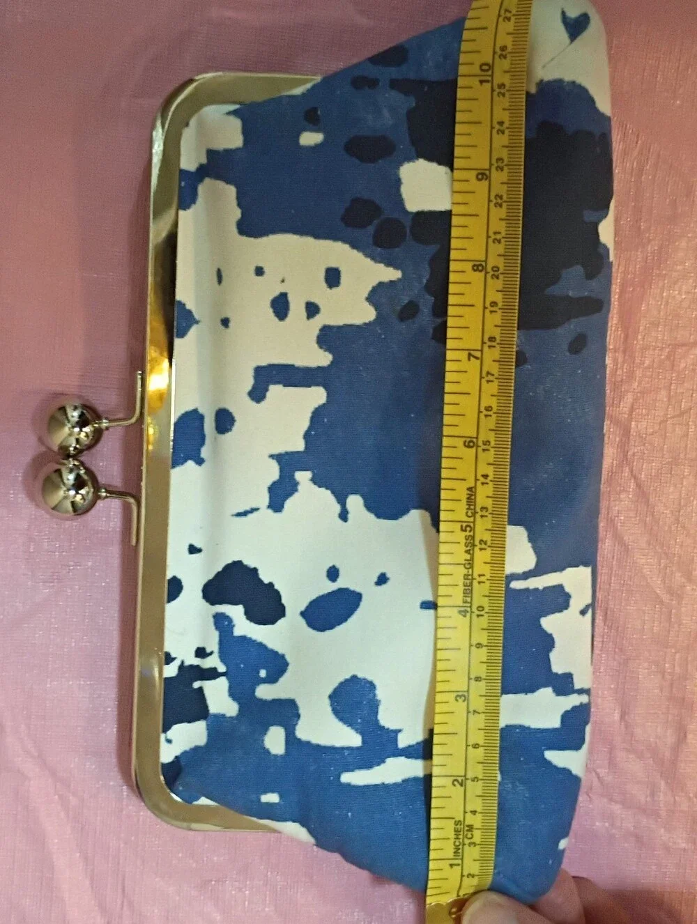 Donna Dixon Vintage Blue & White Printed Kiss-Lock Clutch with Silver Chain
